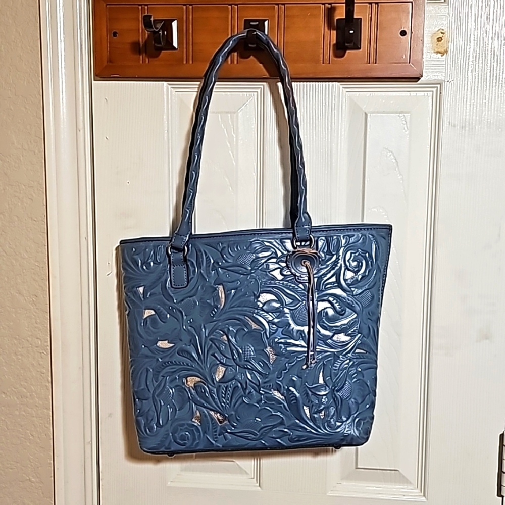 Patricia Nash Leather Cutout Adeline Tote Safflower Blue Womens Handbags